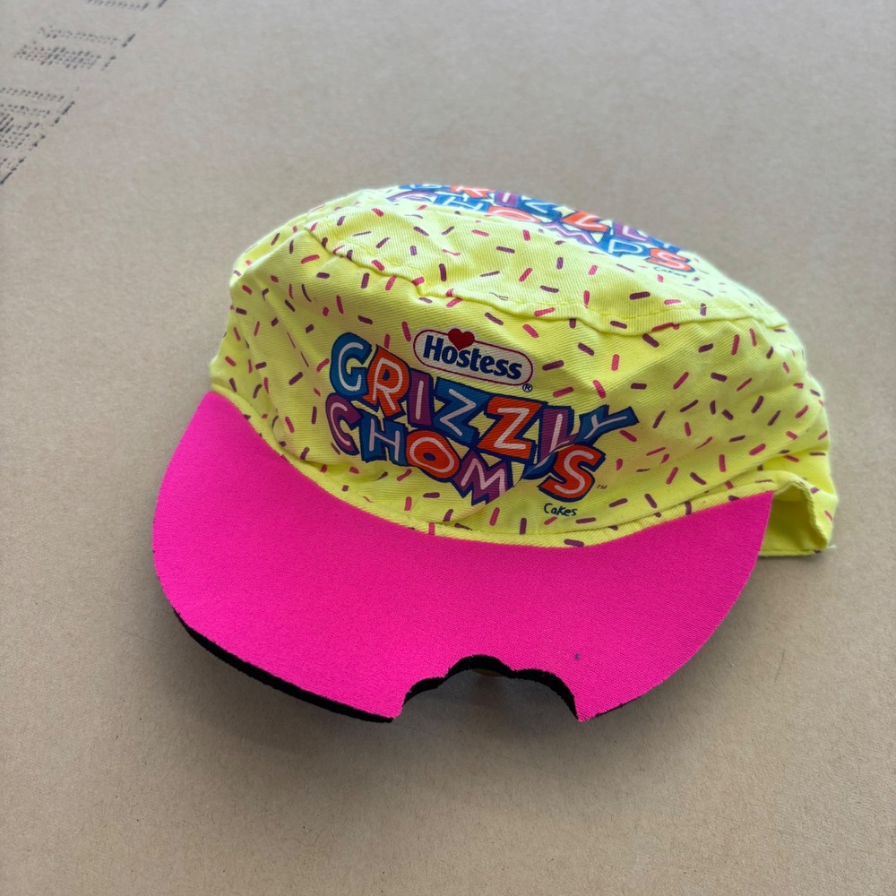 Vintage‎ 90s Hostess Grizzly Chomps Painter Hat Pink Neon Yellow Bite Brim Cap